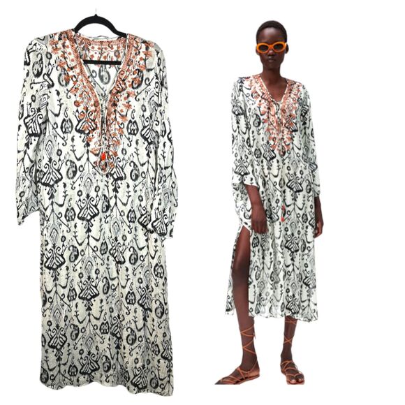 Zara Semi Sheer Embroidered Midi Dress Kaftan Size Small - Picture 1 of 9